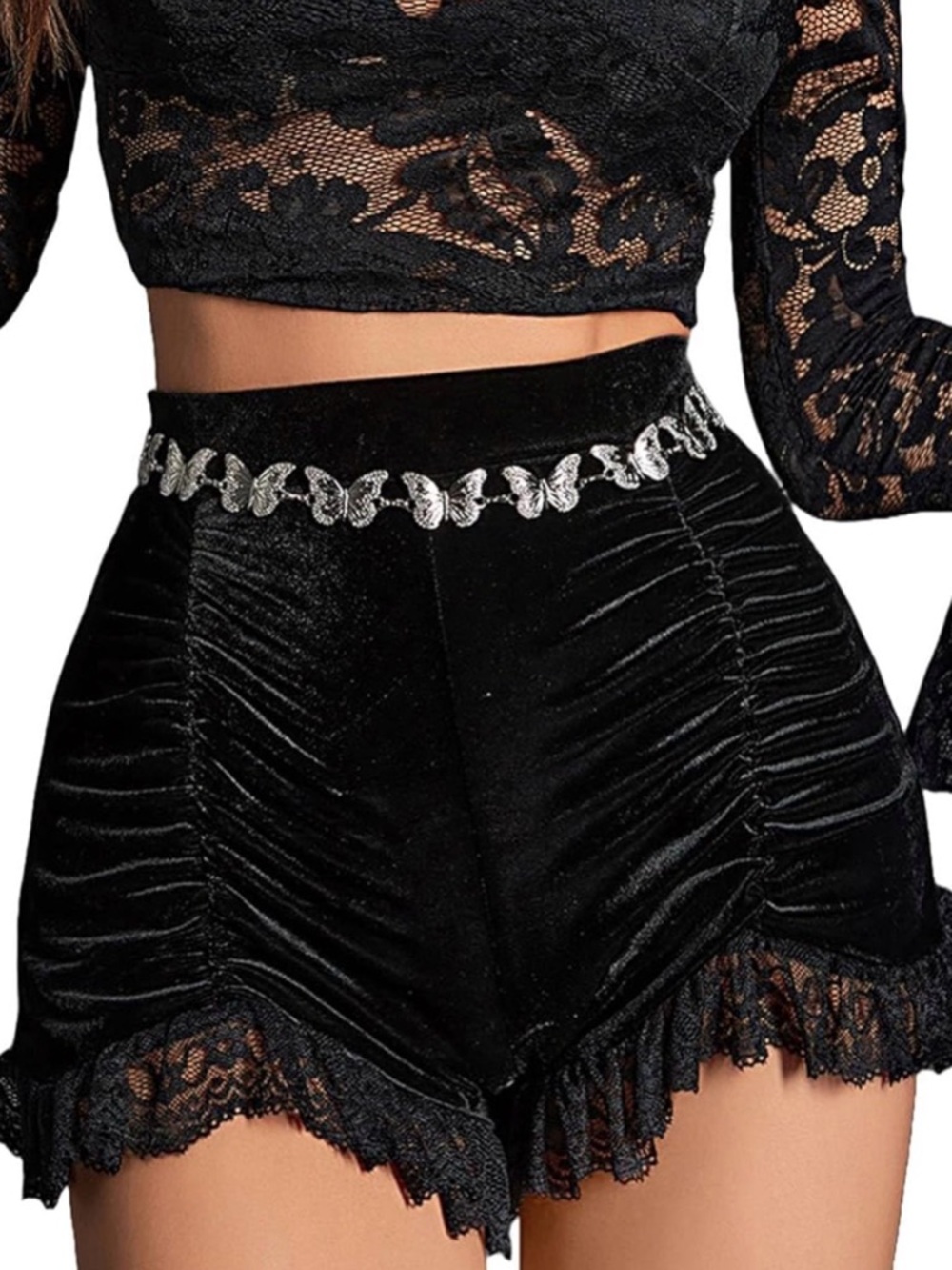 NWOT Victorian Velvet Lace Trim Ruched Shorts